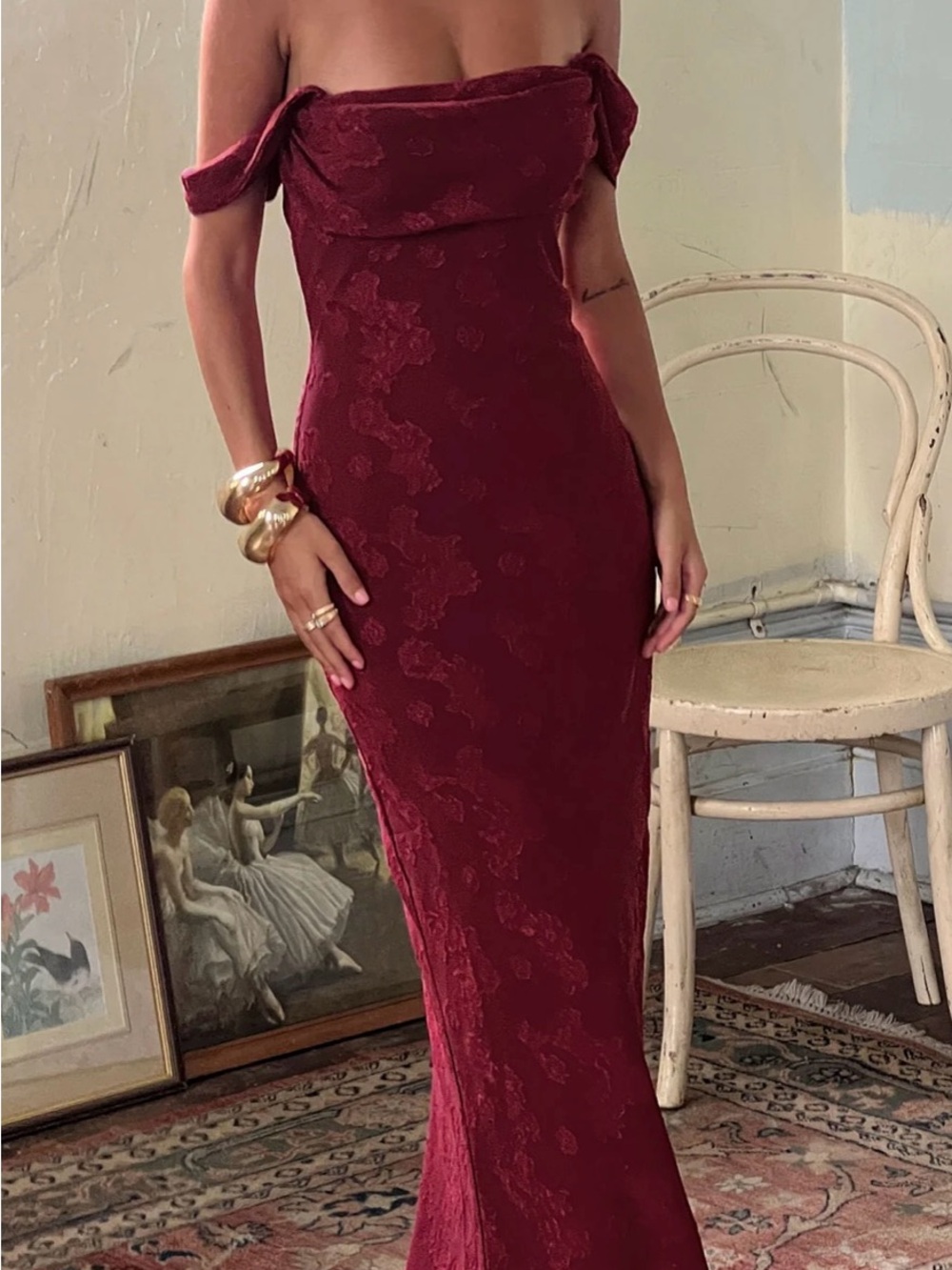 Princess Polly Off-Shoulder Wine Red Lace Maxi Dress !!